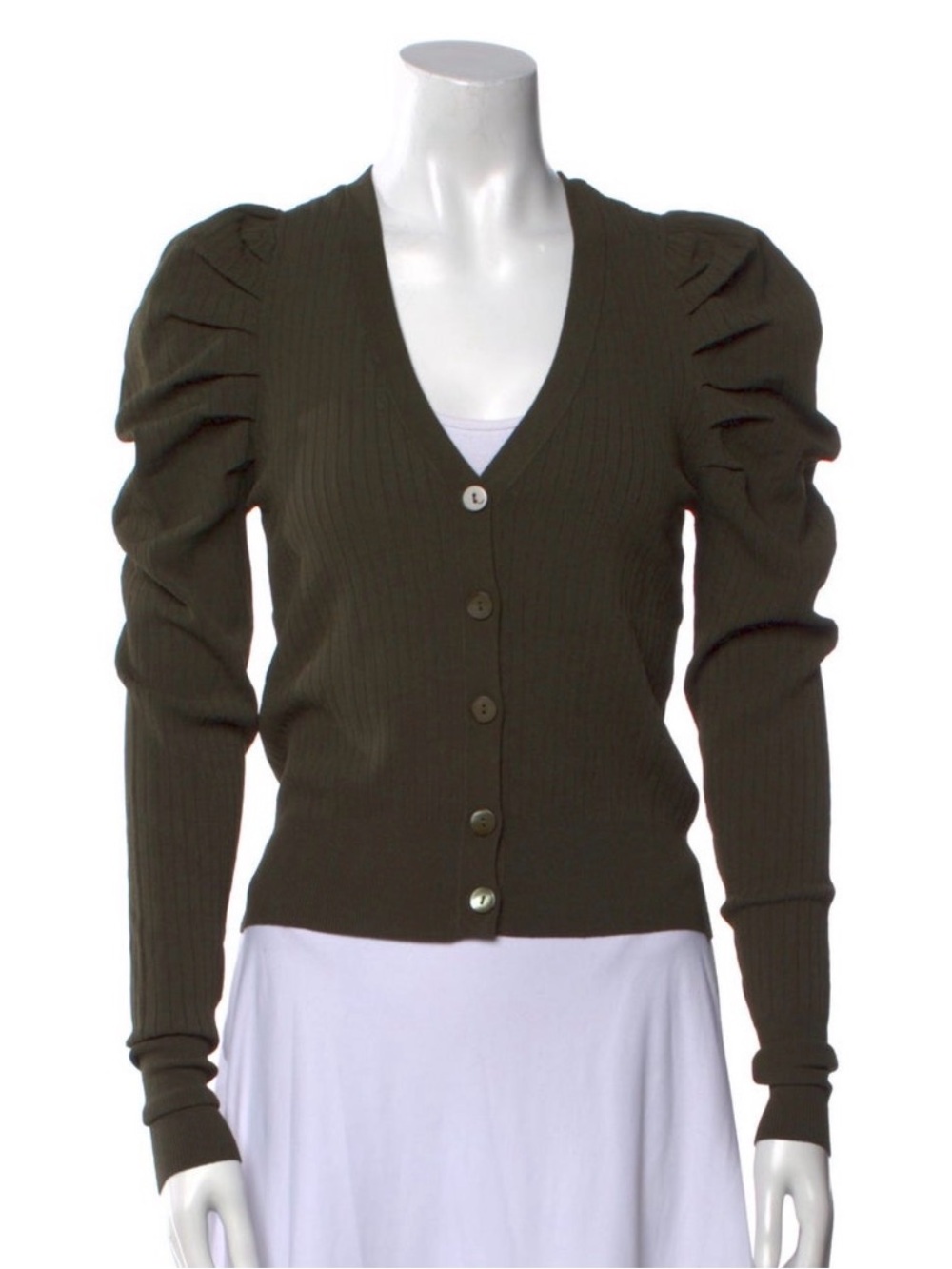 Autumn Cashmere Olive Puff-Sleeve Ribbed V-Neck Cardigan